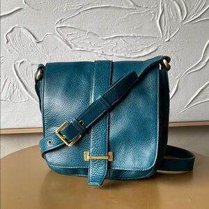 Brahmin Teal Leather Crossbody Bag with Gold Accents